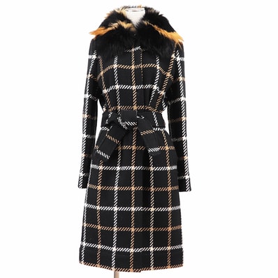 【極美品】DOLCE&GABBANA ドルチェアンドガッバーナ コート サイズ 42 レディース ヴィンテージ 1995FW ウールツイード ウィンドウペン フォックスファー チェック アウター ベルト付属 ブラック 黒