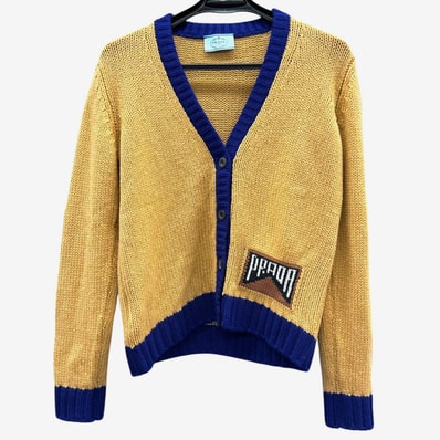 PRADA 極美品 プラダ ロゴ編み カーディガン ニット カシミヤ ポリエステル 長袖 2018年 P25G51 ブラウン ブルー ロゴ #40 レディース Aランク 中古 鑑定済 プラダニット
