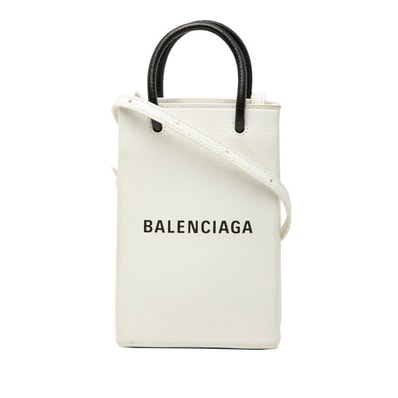 バレンシアガ ショッピング フォンホルダー ハンドバッグ ショルダーバッグ 593826 ホワイト ブラック レザー レディース BALENCIAGA 【中古】