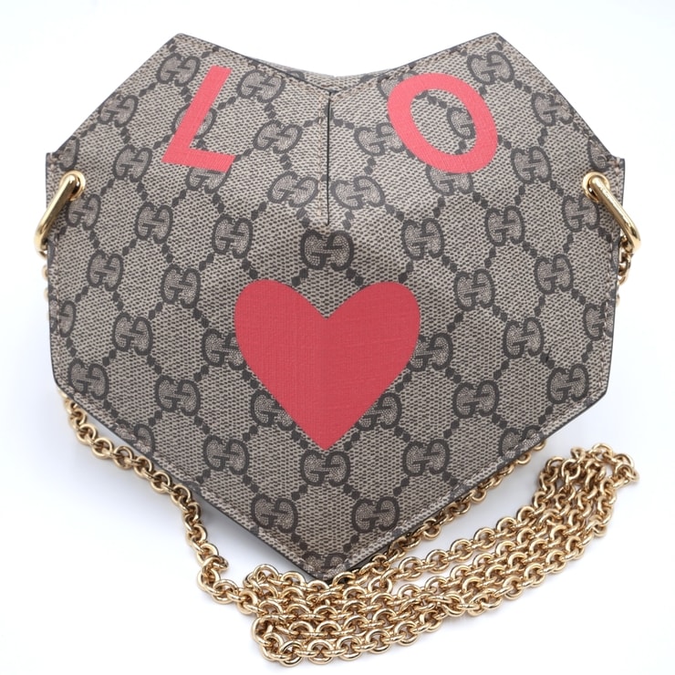 GUCCI(グッチ)GGスプリーム ハート LOVE チェーンショルダーバッグ ベージュ×レッド ゴールド金具 678131 レディース【中古】