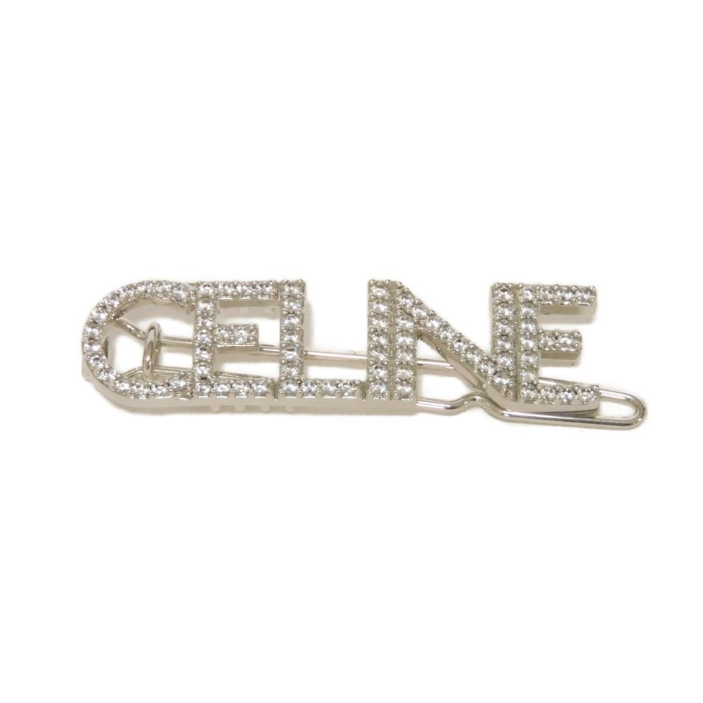 CELINE セリーヌ クリスタル モノクローム ヘアクリップ ラインストーン シルバー ロゴ ブラス クリア バレッタ 460WH6BCZ.36SI