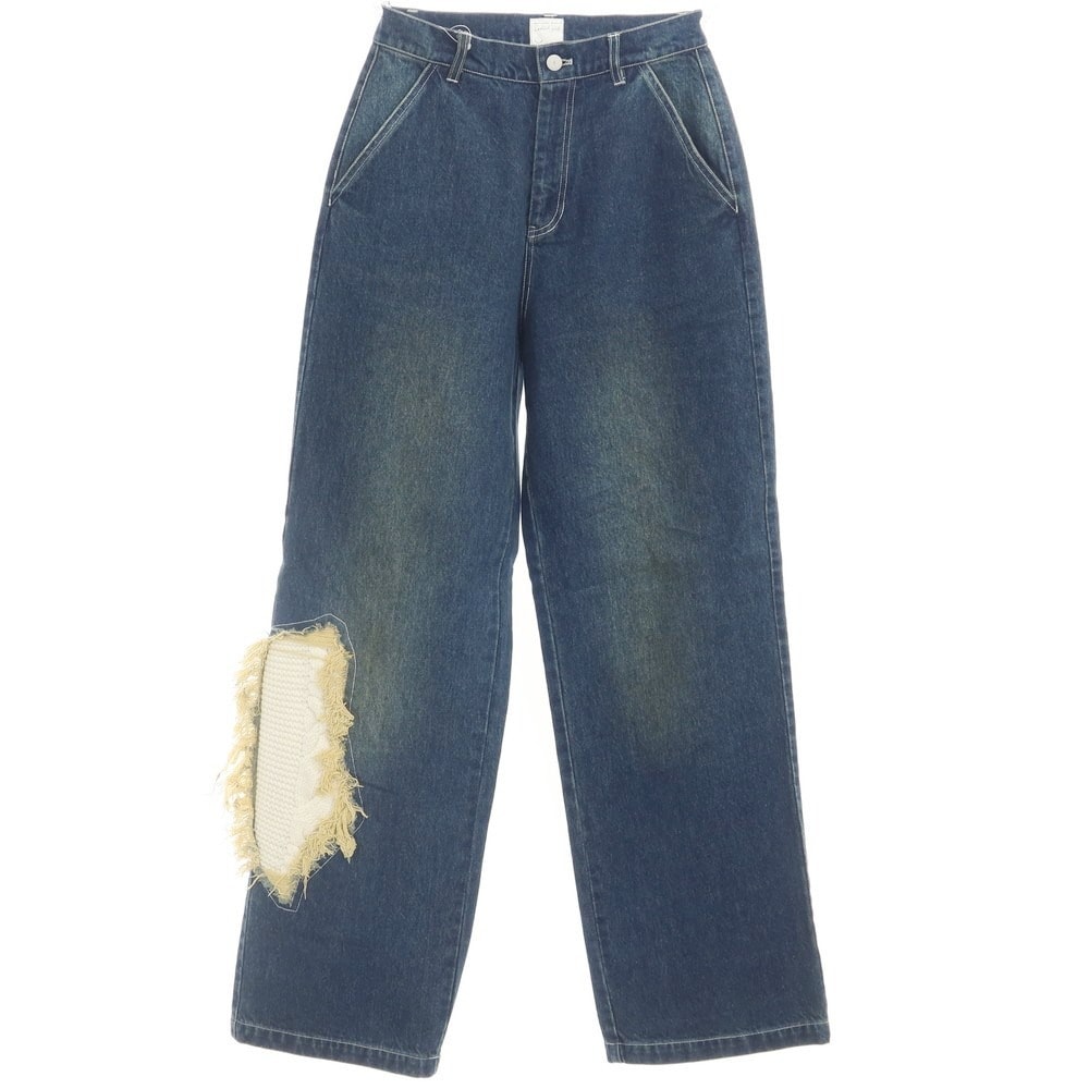 【中古】【未使用】エモーショナルワールド EMOTIONAL WORLD ニットリペア デニムパンツ ジーンズ ネイビー【サイズ表記0】【レディース】