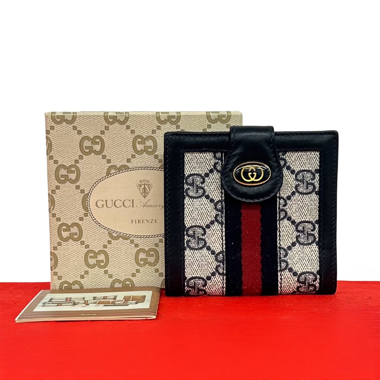 GUCCI グッチ シェリーライン GG ロゴ 金具 PVC レザー 二つ折り財布 ネイビー
104-9