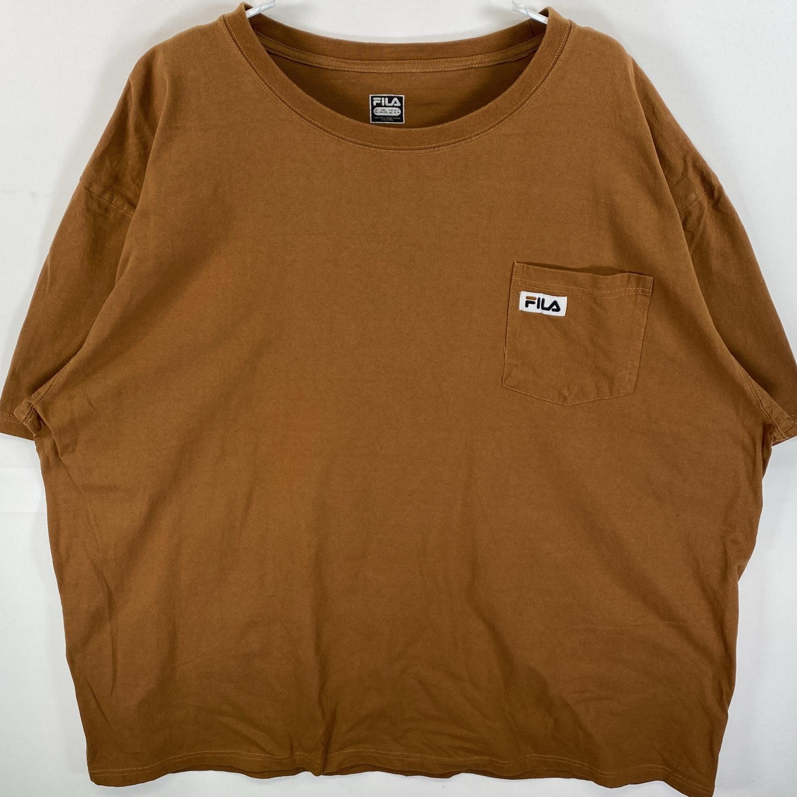 古着 フィラ FILA 半袖Tシャツ ワンポイントロゴ 胸ポケット ビックサイズ 4XL  ブラウン 無地 メンズ