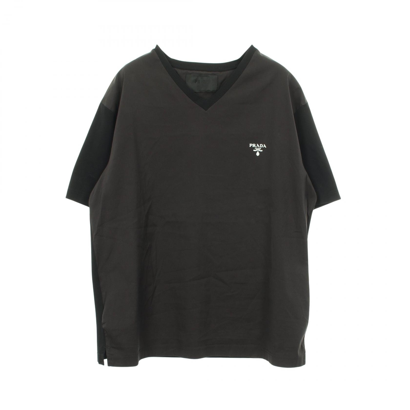 プラダ PRADA Vネック 切替 半袖Tシャツ 衣料品 トップス コットン メンズ ブラック系 UJN804 【中古】