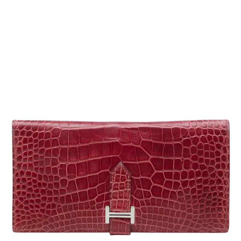 エルメス ベアンスフレ 長財布 ピンク レッド系 シルバー金具 アリゲーター レディース HERMES 中古