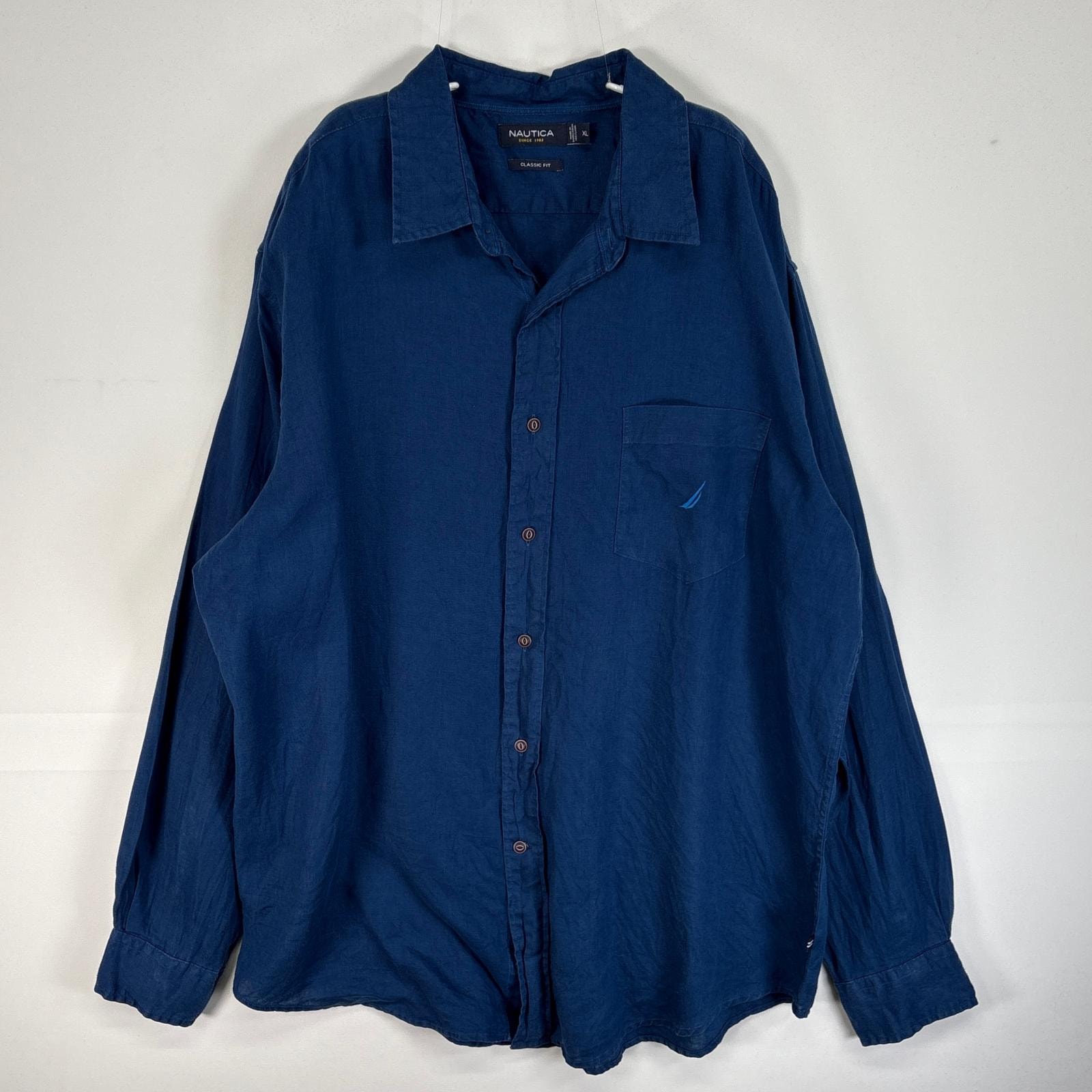 古着 ノーティカ NAUTICA 長袖シャツ ロゴ 刺繍 リネン 大きいサイズ XL ネイビー系 無地 メンズ