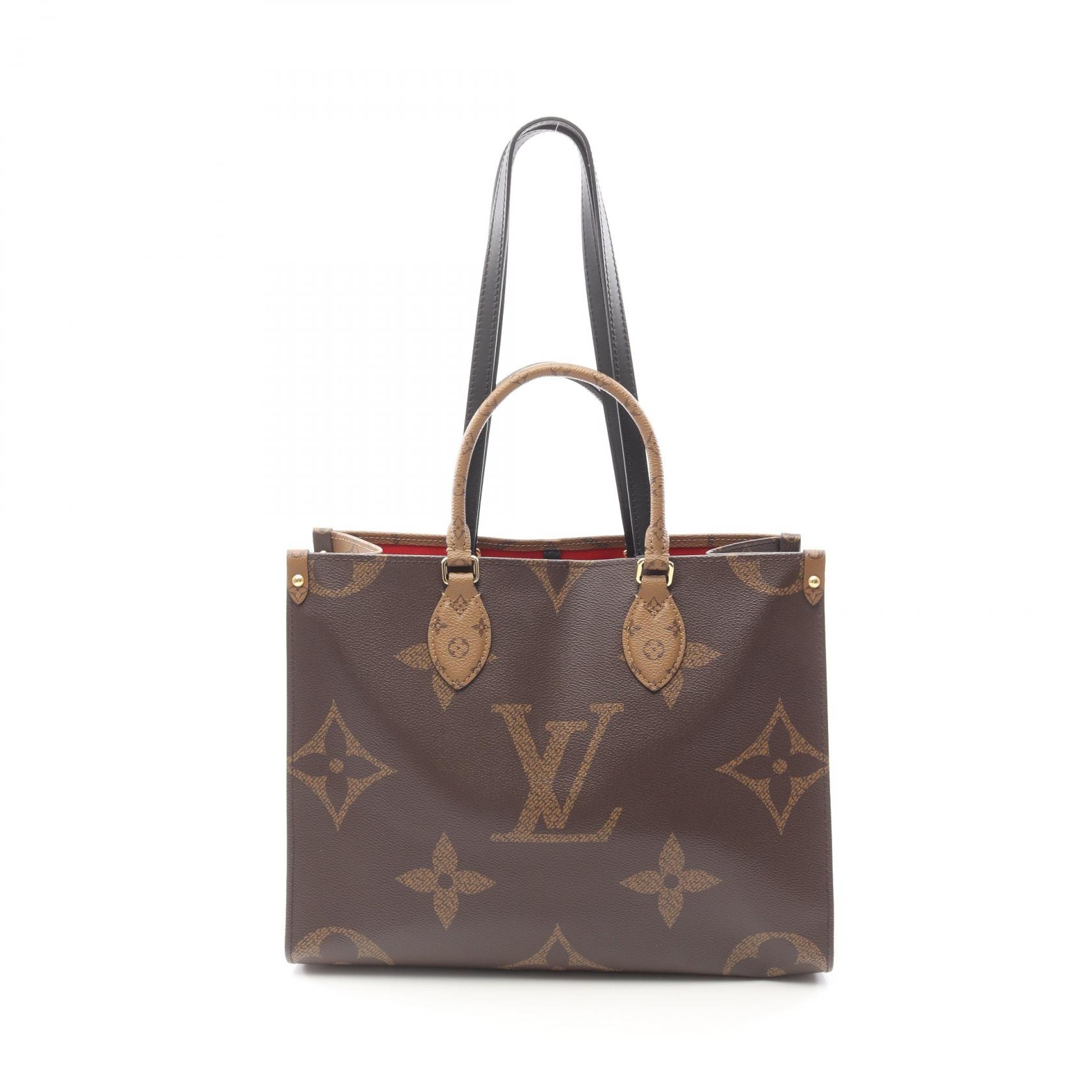 ルイ・ヴィトン LOUIS VUITTON オンザゴーMM トートバッグ バッグ PVCコーティングキャンバス レザー モノグラム・ジャイアントリバース ベージュ レディース ブラウン系 / ベージュ系 M45321 【中古】