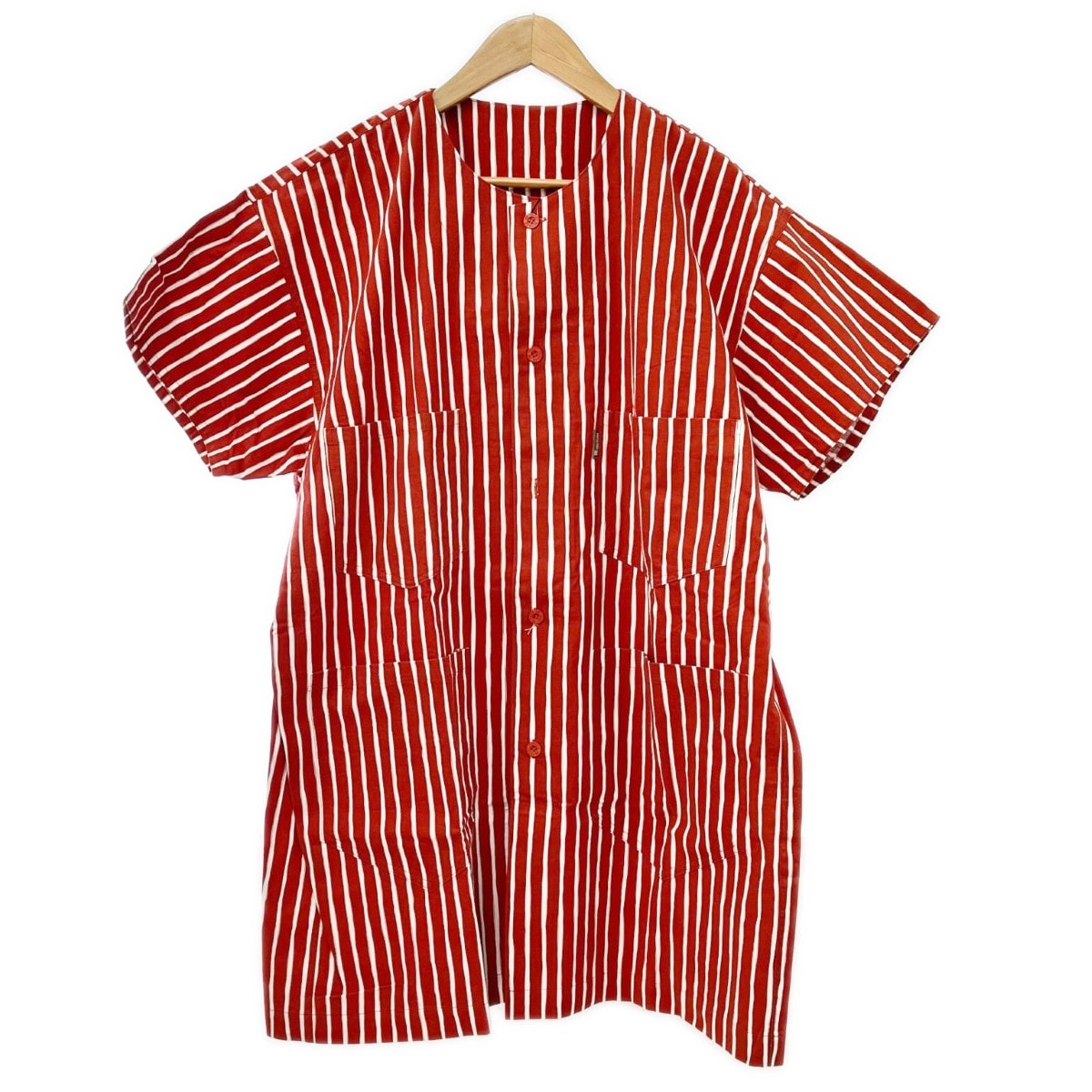 ISSEY MIYAKE イッセイミヤケ 半袖シャツ ストライプ 製造萩原 C-KN3333 ボタン1つ無し レディース オレンジ