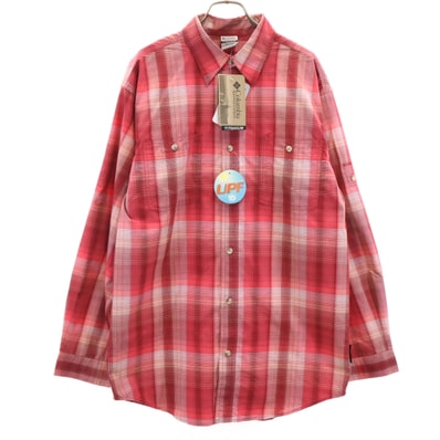 未使用 Columbia コロンビア チェック柄 長袖 シャツ XL レッド系 ロールアップ アウトドア