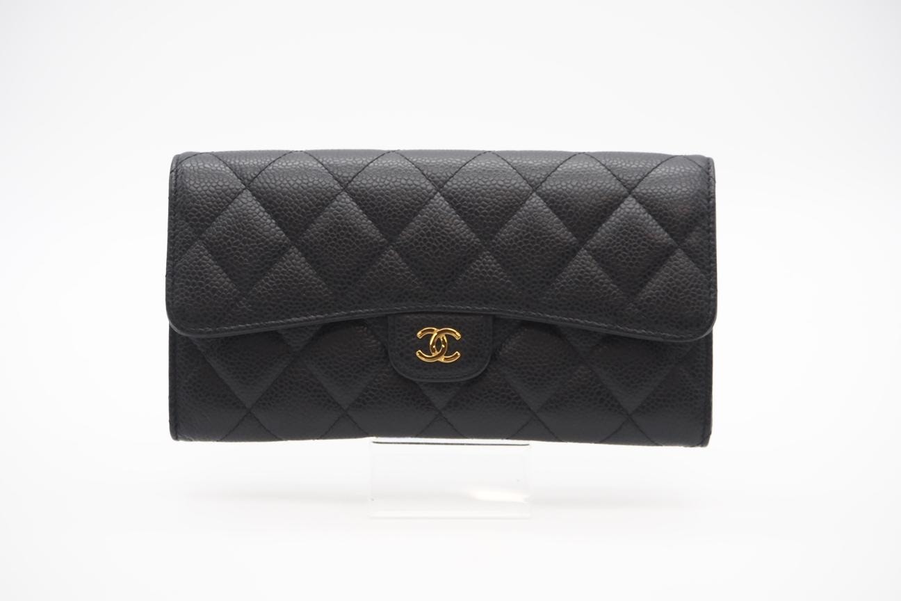 美品 CHANEL シャネル キャビアスキン マトラッセ クラシック ロング フラップウォレット A80758 長財布 ブラック ボルドー グレインカーフレザー レディース