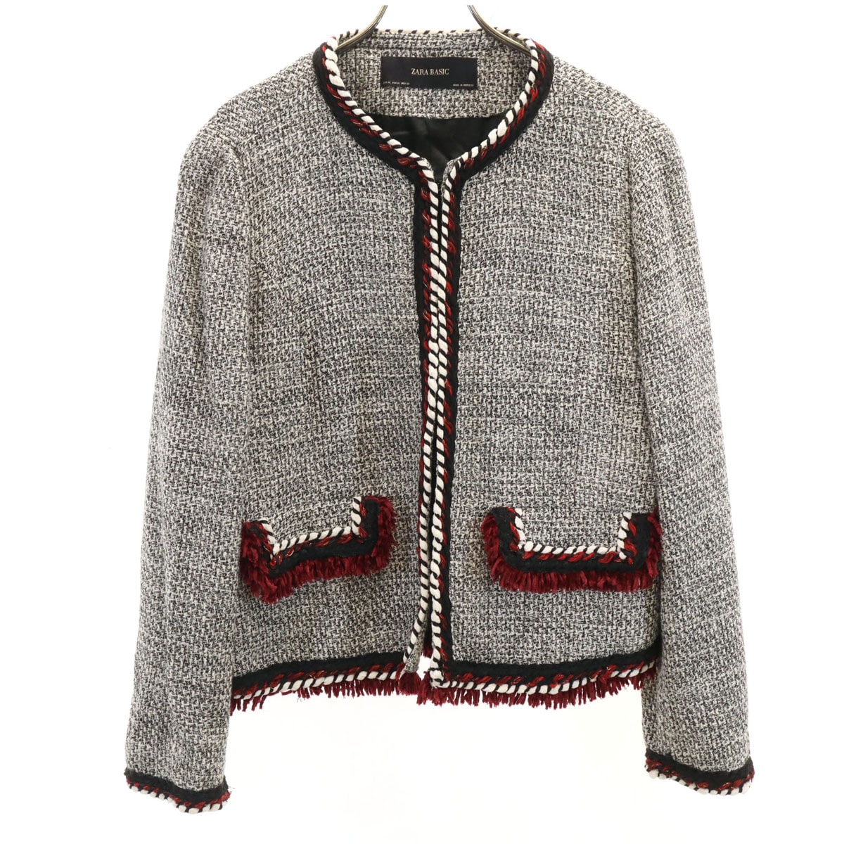 ZARA BASIC ザラベーシック ツイード ノーカラージャケット XL ホワイト