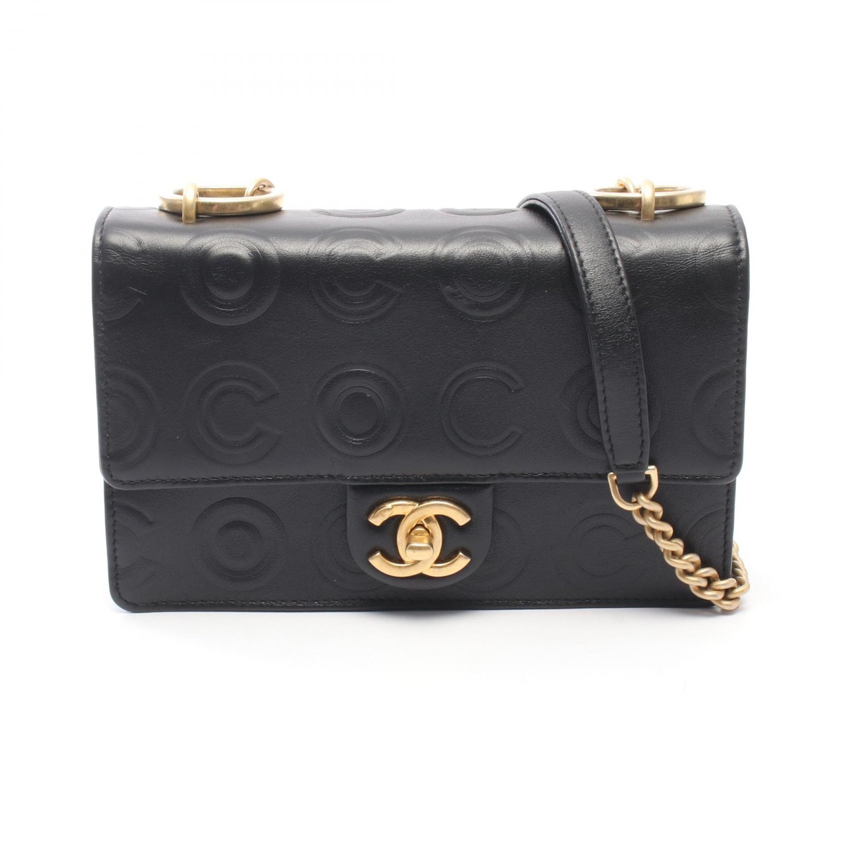 シャネル CHANEL COCO エンボス スモールフラップ ショルダーバッグ バッグ レザー レディース ブラック系 【中古】