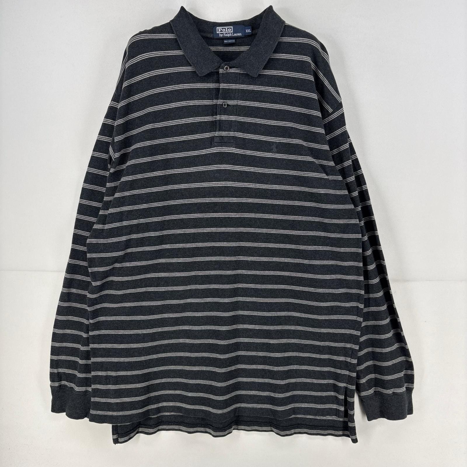 古着 ポロバイラルフローレン Polo by Ralph Lauren 長袖シャツ 刺繍 ポロシャツ 鹿子 大きいサイズ 2XL  ブラック系 ボーダー メンズ