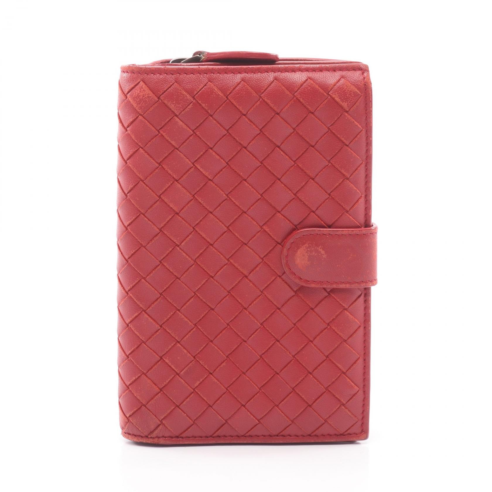 ボッテガヴェネタ BOTTEGA VENETA イントレチャート 二つ折り財布 財布 レザー レディース レッド系 【中古】
