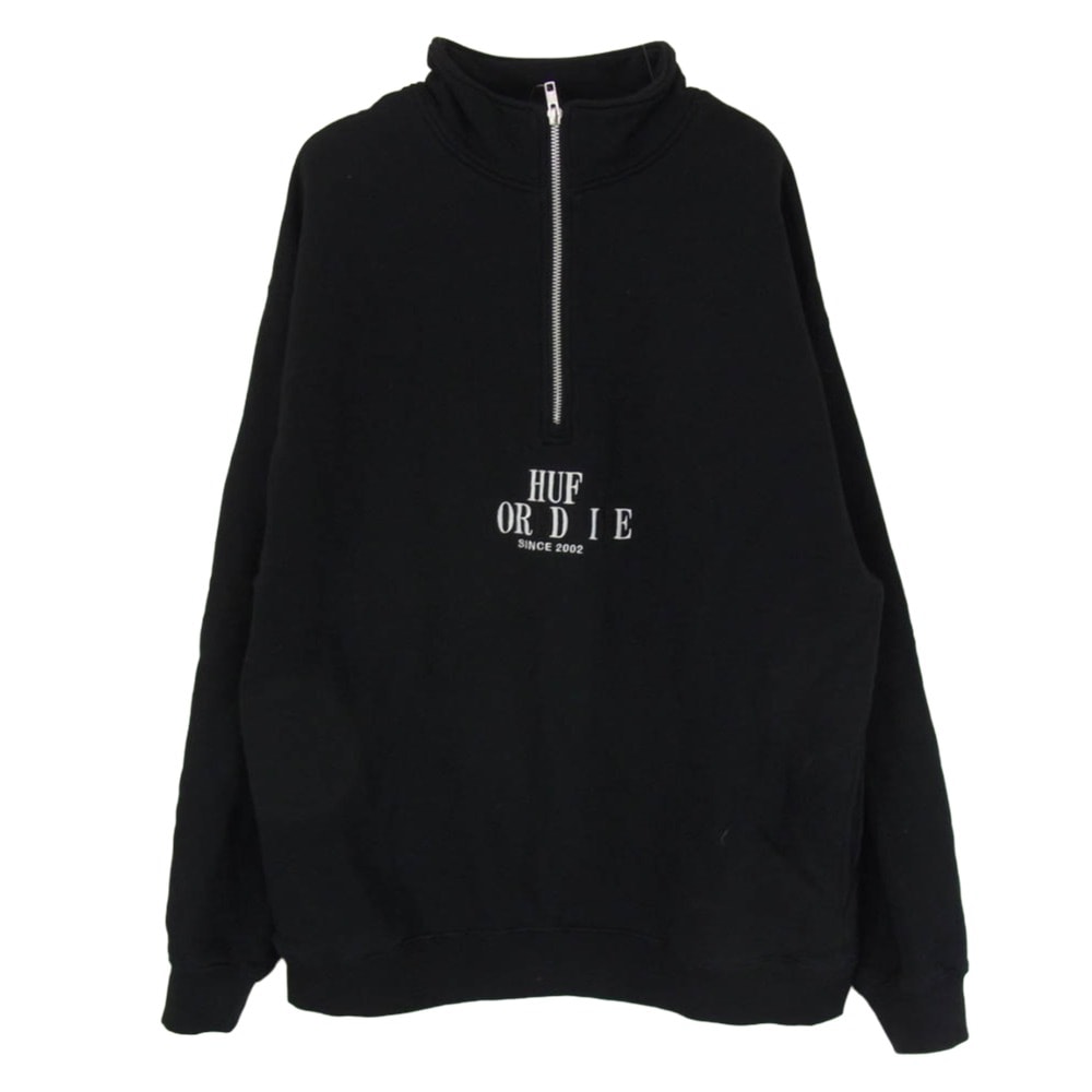HUF ハフ スウェット ハーフジップ 刺繍 ロゴ プルオーバー スウェット ブラック系 L【中古】
