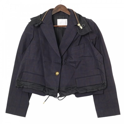 Sacai サカイ ジャケット 異素材ドッキングジャケット チェック 服 ネイビー 紺 ゴールド金具 コットン レディース 春 秋 美品【中古品】