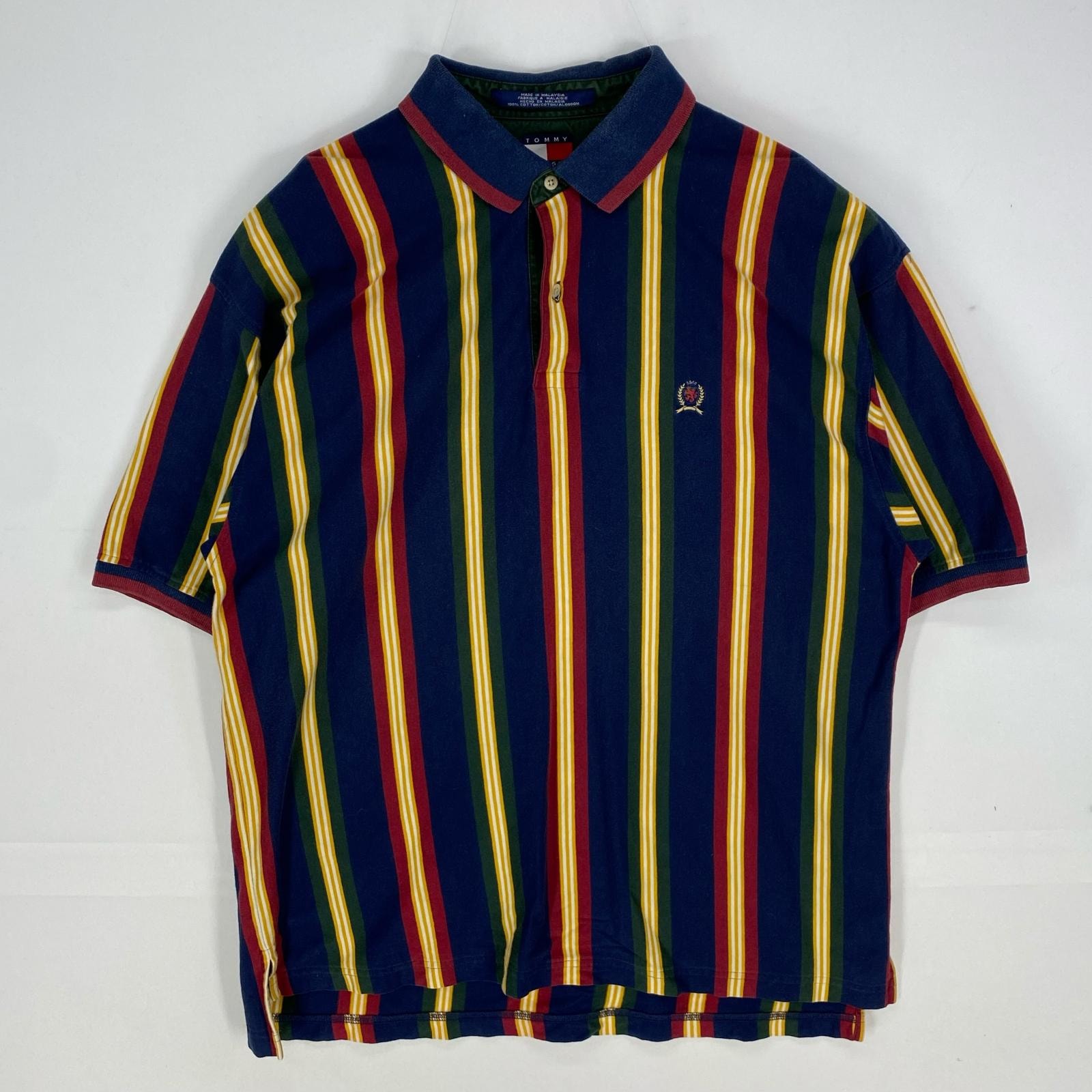 古着 90's/90年代 トミーヒルフィガー TOMMY HILFIGER 半袖シャツ 刺繍 ワンポイント ポロシャツ XL ネイビー系 ストライプ メンズ