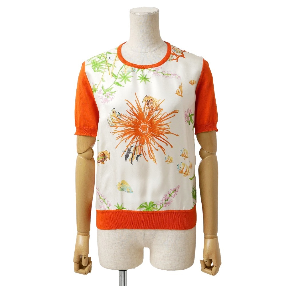 ■美品■Salvatore Ferragamo サルヴァトーレフェラガモ ニット サイズM シルク切替 半袖 ブランド古着【中古】20251230/RA7057