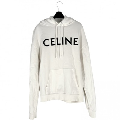 CELINE セリーヌ パーカー フード付き ルーズフーディ アパレル コットンフリース ロゴ 服 トップス M 2Y321670Q ホワイト 白 ブラック 黒 シルバー金具 コットン メンズ 秋 冬【中古品】