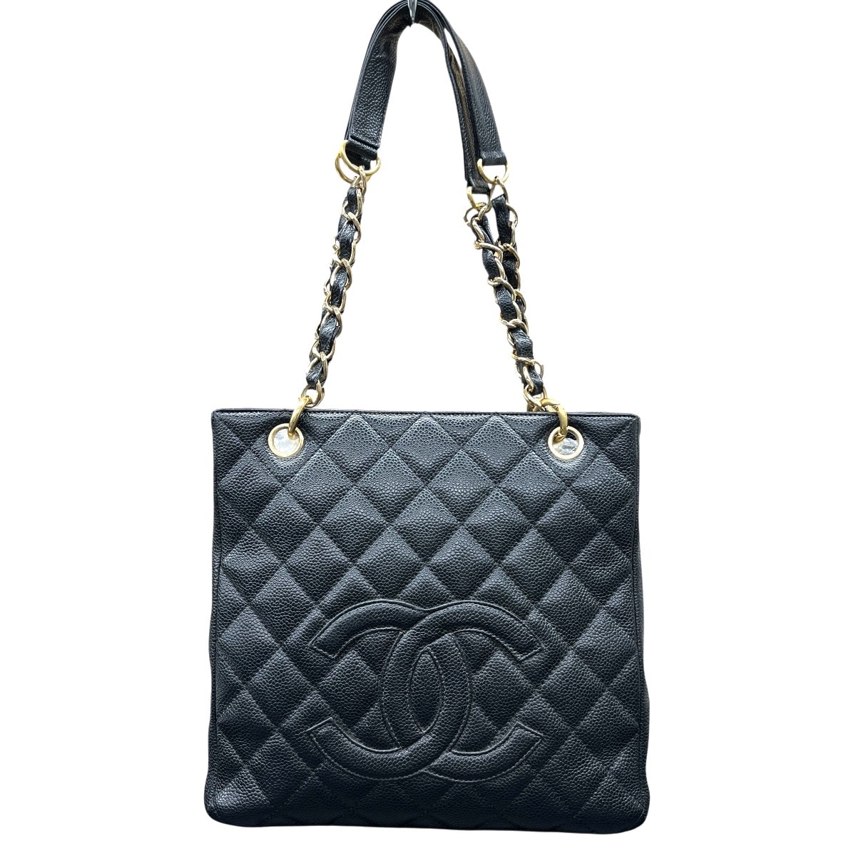 CHANEL 美品 シャネル PST プチショッピングトート チェーントート 7番台シリアル キャビアスキン レザー ブラック ゴールド ショルダーバッグ デカココマーク ヴィンテージ アンティーク レディース ABランク 鑑定済 中古 シャネルバッグ