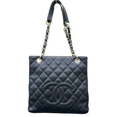 CHANEL 美品 シャネル PST プチショッピングトート チェーントート 7番台シリアル キャビアスキン レザー ブラック ゴールド ショルダーバッグ デカココマーク ヴィンテージ アンティーク レディース ABランク 鑑定済 中古 シャネルバッグ