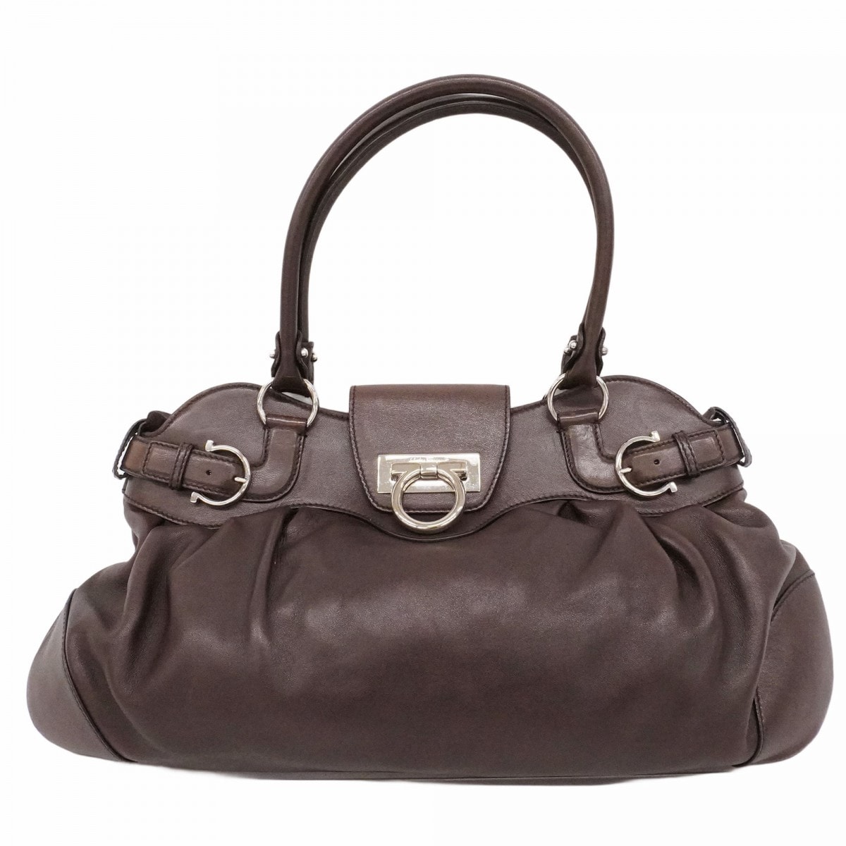 【6db1030】サルヴァトーレフェラガモ ハンドバッグ ガンチーニ レザー ダークブラウン シルバー金具【中古】レディース