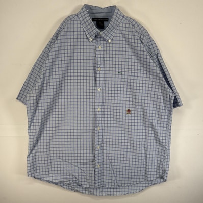 古着 トミーヒルフィガー TOMMY HILFIGER 半袖シャツ 旧ロゴ 刺繍 大きいサイズ チェック 14041 ブルー系 マルチカラー メンズ