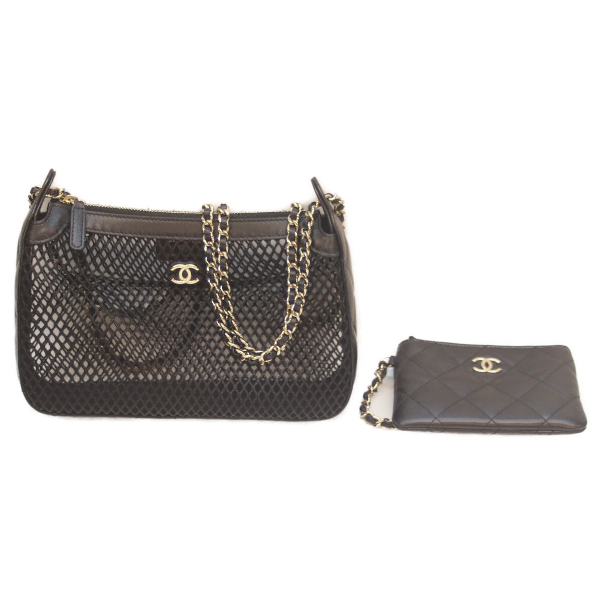 シャネル AP4572 25SS 黒 メッシュ シャイニーラムスキン チェーンクラッチ