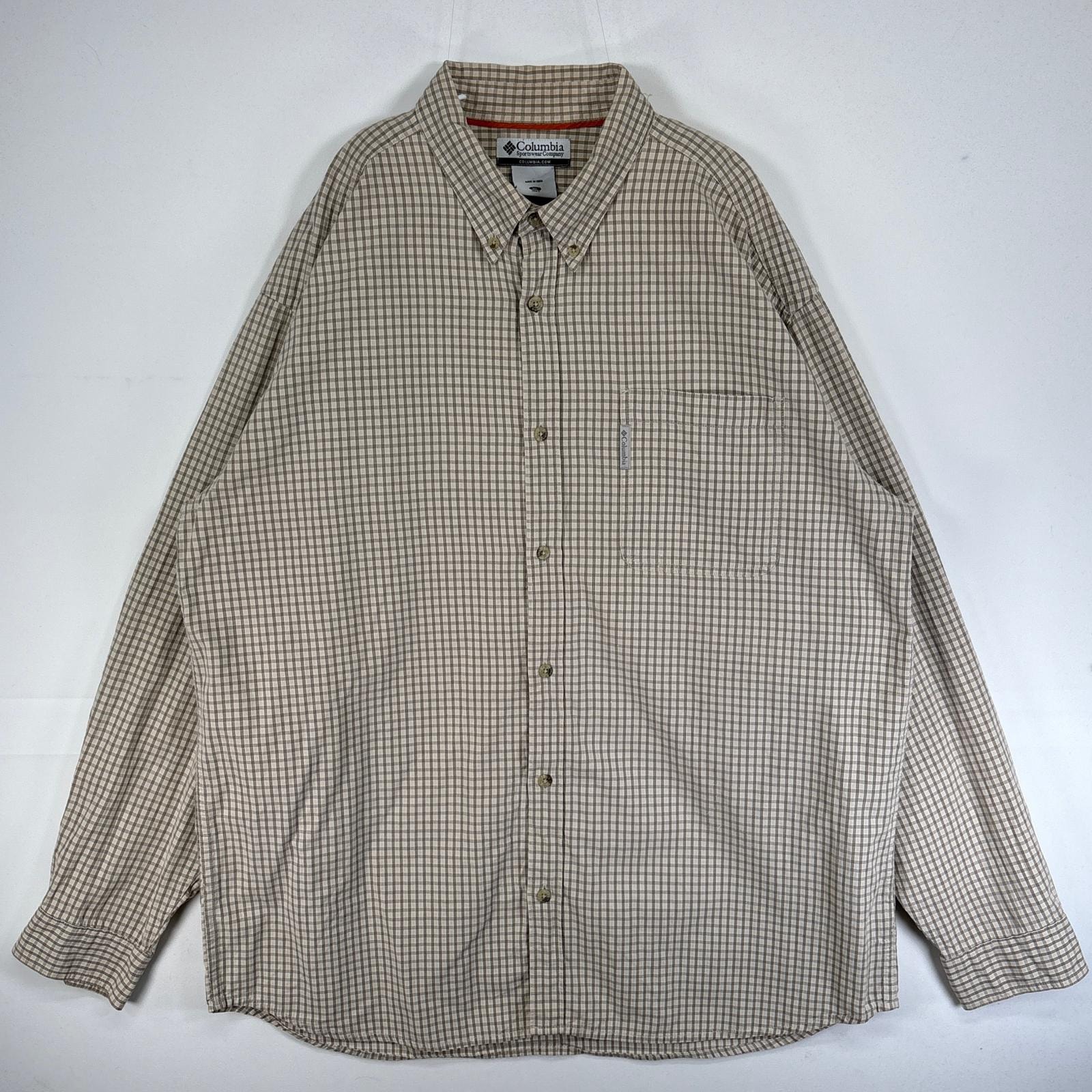 古着 コロンビア Columbia 長袖シャツ ワンポイント ロゴ 大きいサイズ ボタンダウン XL  ベージュ系 チェック メンズ
