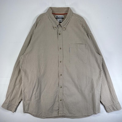 古着 コロンビア Columbia 長袖シャツ ワンポイント ロゴ 大きいサイズ ボタンダウン XL ベージュ系 チェック メンズ