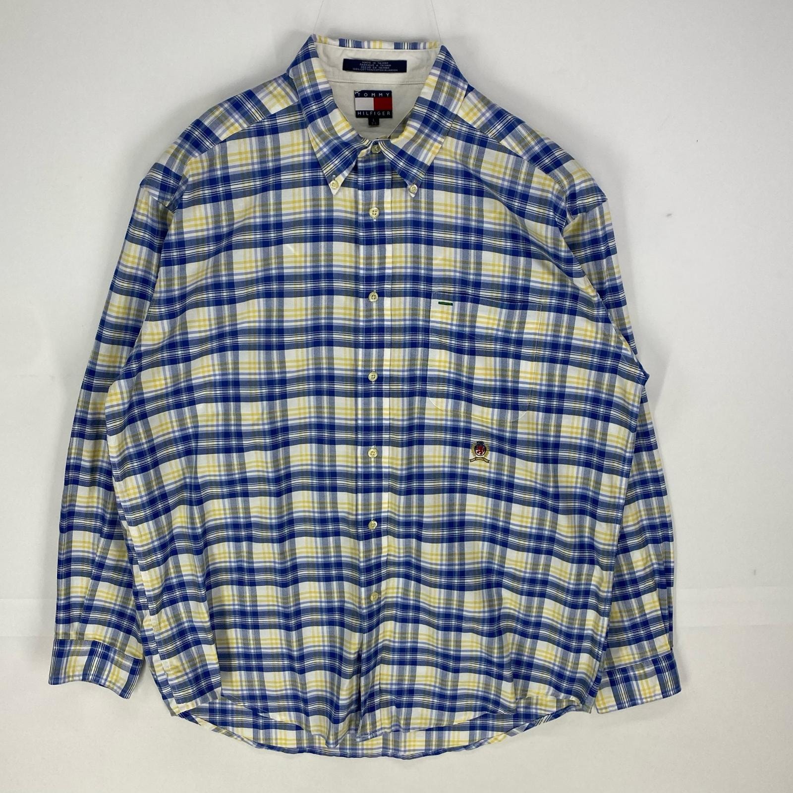 古着 トミーヒルフィガー TOMMY HILFIGER 長袖シャツ 胸ポケット ボタンダウン ワンポイントロゴ刺繍 L  イエロー系 チェック メンズ