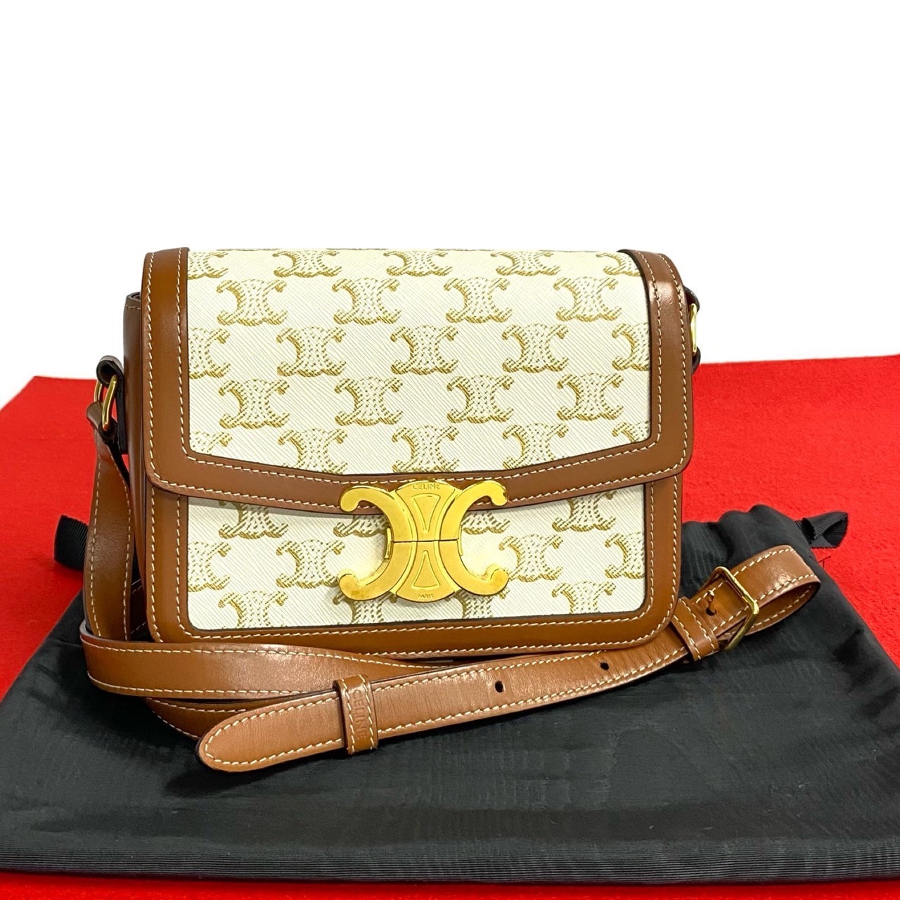 CELINE セリーヌ ティーントリオンフ ロゴ 金具 レザー PVC ショルダーバッグ ブラウン
 86625