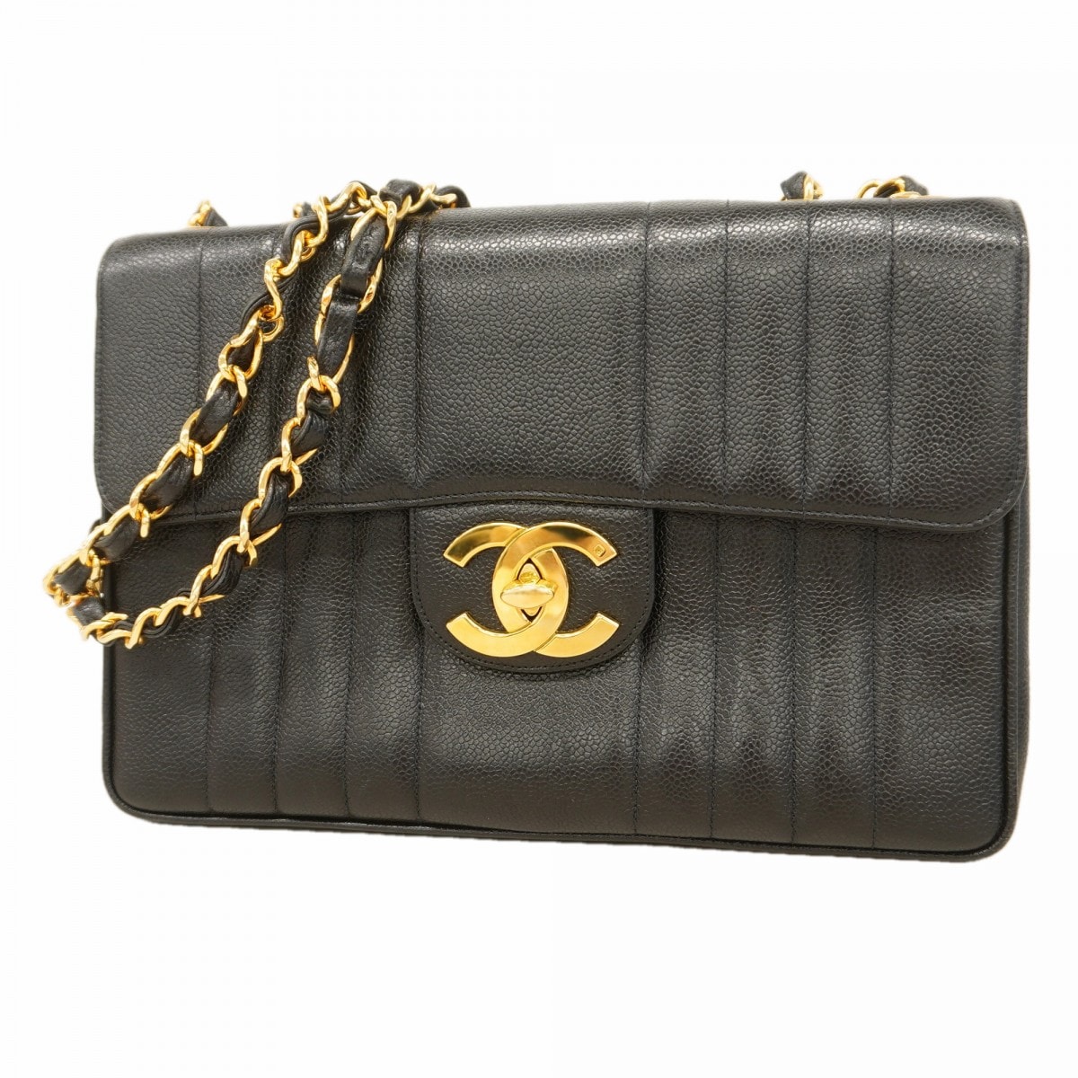 ★SALE【6dc2536】シャネル ショルダーバッグ マドモアゼル Wチェーン キャビアスキン ブラック ゴールド金具【中古】レディース