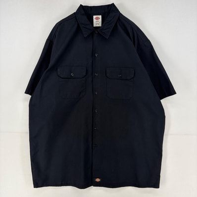 古着 ディッキーズ Dickies 半袖シャツ ワンポイント ワーク ロゴ 大きいサイズ 胸ポケット 2XL ブラック メンズ