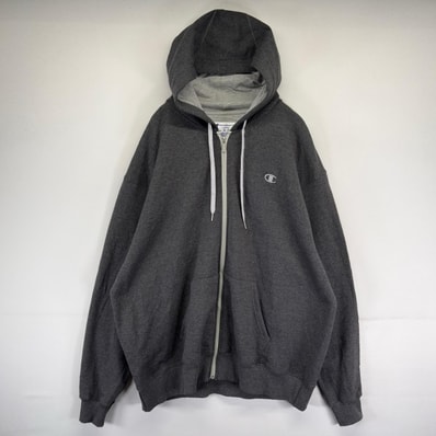 古着 チャンピオン Champion パーカー フルジップ ワンポイント刺繍ロゴ 大きいサイズ 2XL グレー系 無地 メンズ