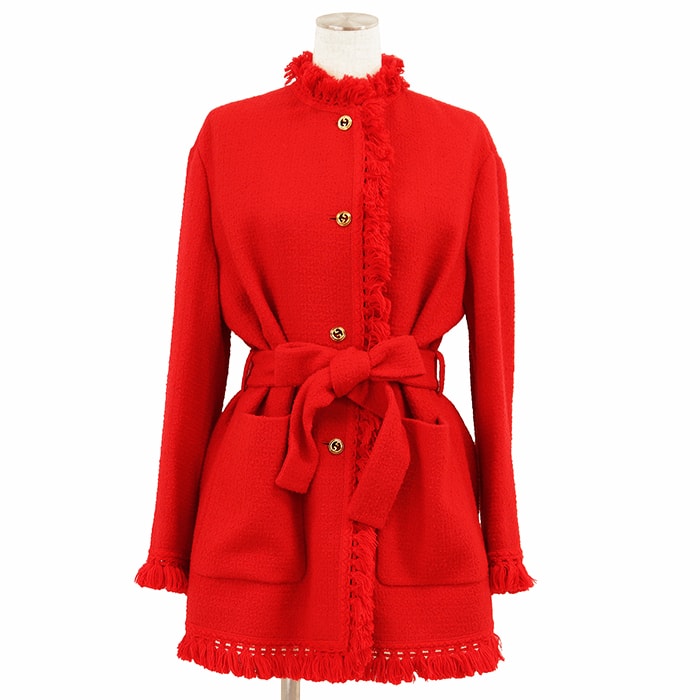 【希少・新品同様】GUCCI グッチ ジャケット サイズ 40 レディース フリンジ トリミング タッセル GGインターロッキング ゴールドボタン ウエストベルト 付属 コート アウター レッド 赤 イタリア製