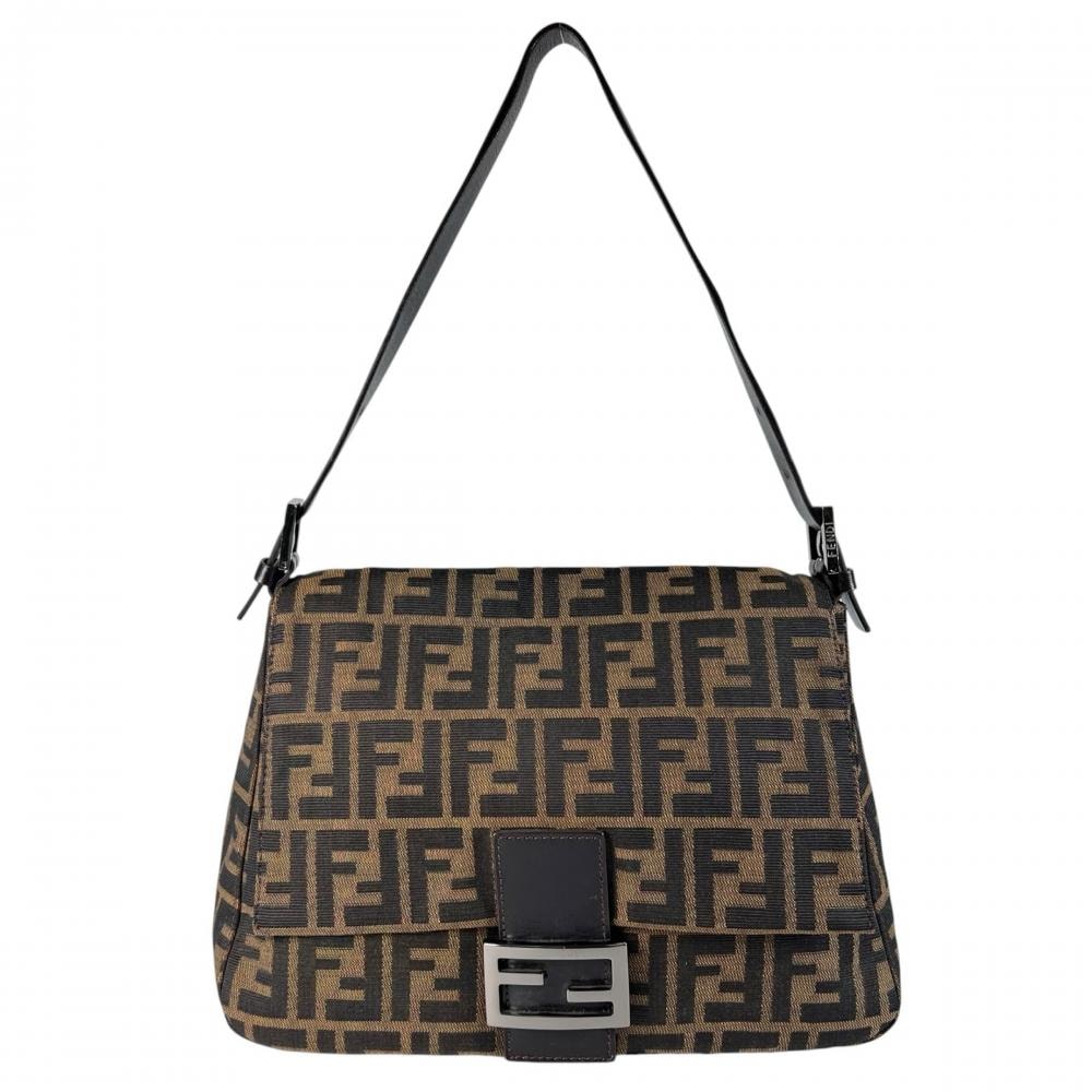 FENDI フェンディ ショルダーバッグ ズッカ マンマバケット ロゴマグネット 肩掛け 8BR001 キャンバス  レザー   ブラウン 茶 シルバー金具 レディース【中古品】
