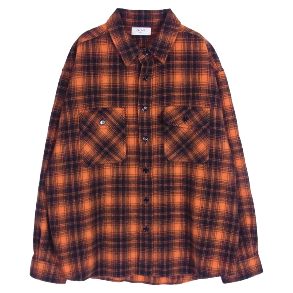 CELINE セリーヌ 長袖シャツ 22SS 2c574073q Loose Shirt in Checked Wool ウール チェック ルーズ 長袖 シャツ オレンジ系 41【中古】
