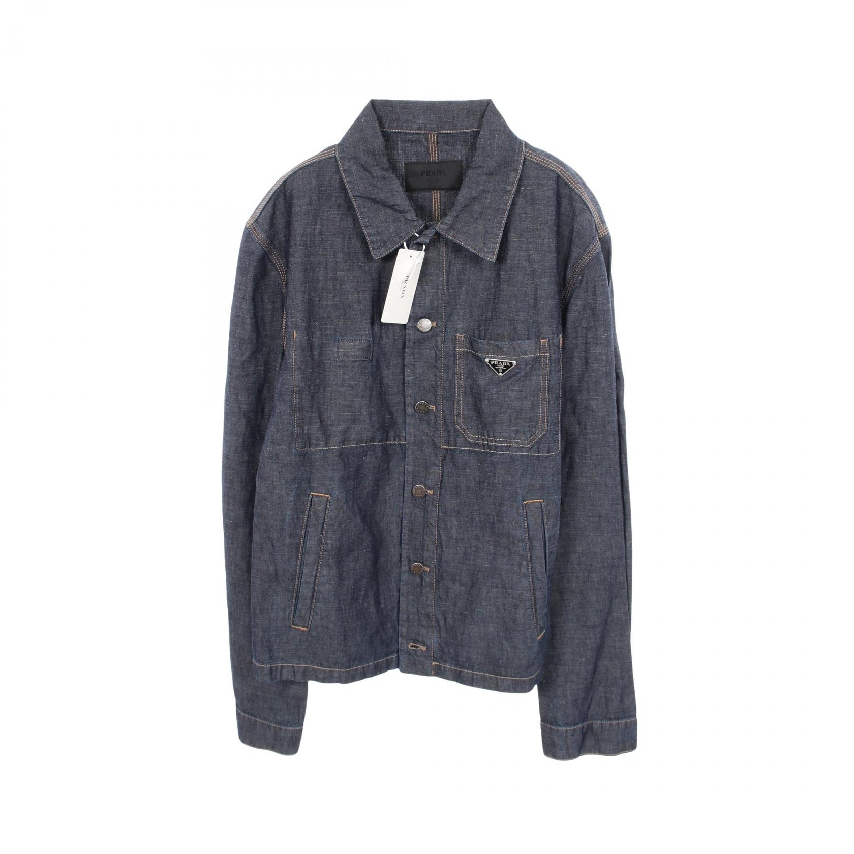 プラダ PRADA シャンブレーブルゾン デニムジャケット 衣料品 アウター コットン メンズ ネイビー系 GBE254 【中古】