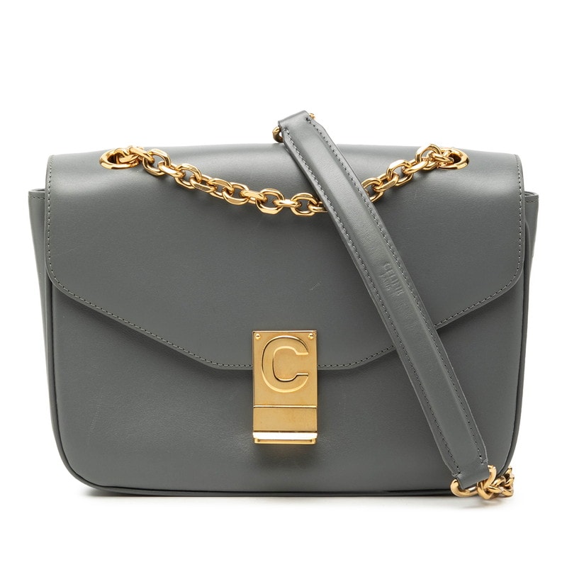 セリーヌ C セー ミディアム チェーン ショルダーバッグ グレー系 レザー レディース CELINE 【中古】