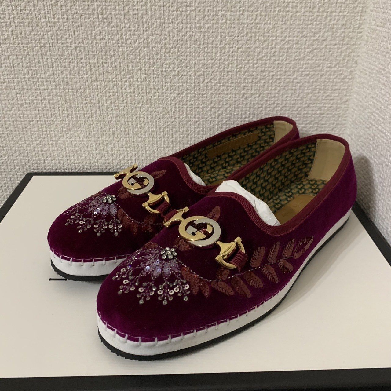 新品未使用 GUCCI グッチ 大人気 ベルベット シューズ ワイン