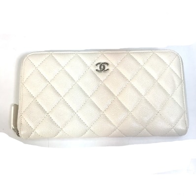 シャネル CHANEL ラウンドファスナー A50097 マトラッセ CC ココマーク キルティング ウォレット 長財布 キャビアスキン ホワイト