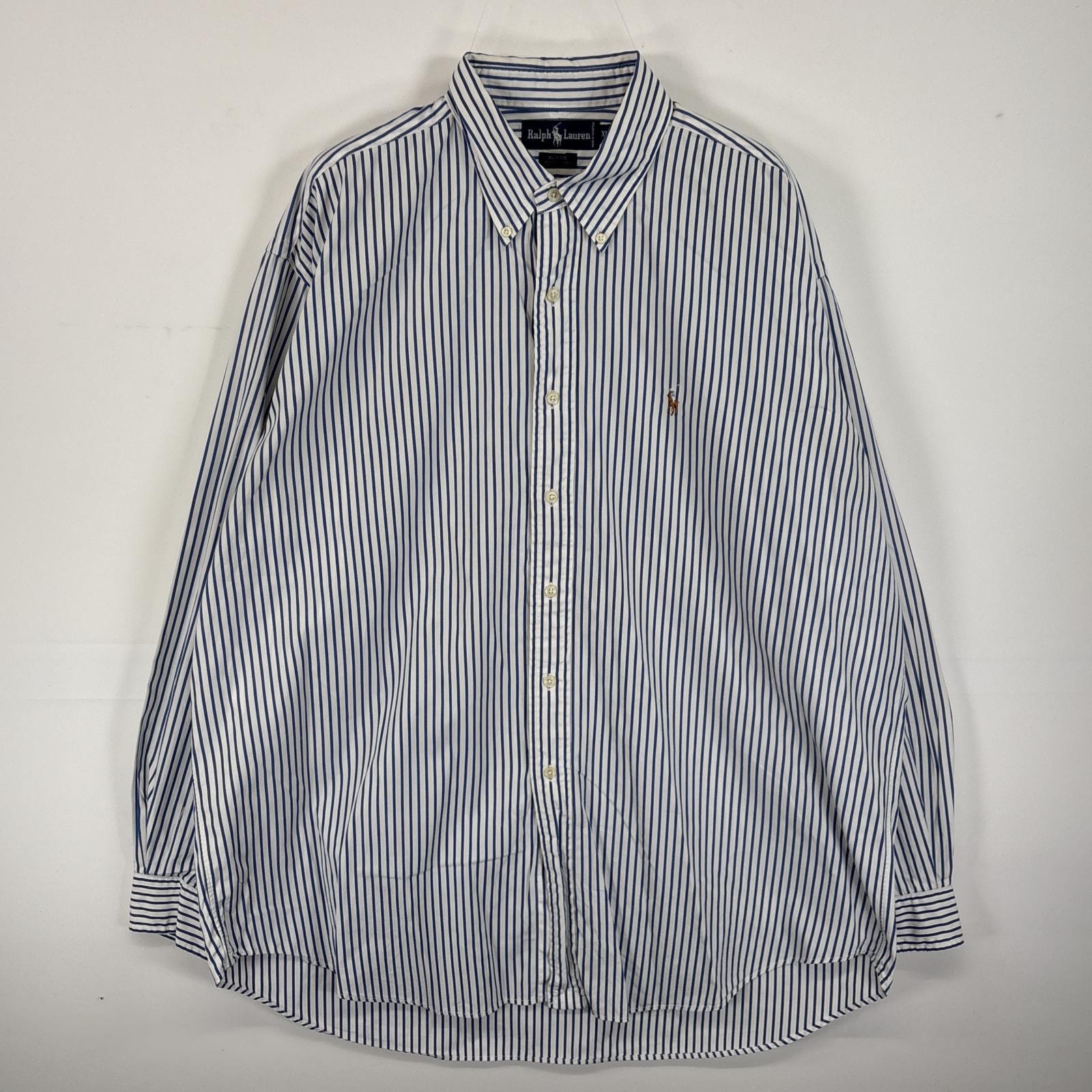 古着 ラルフローレン RALPH LAUREN 長袖シャツ ボタンダウンシャツ ワンポイント ロゴ 刺繍 大きいサイズ XL  ホワイト系 ストライプ メンズ