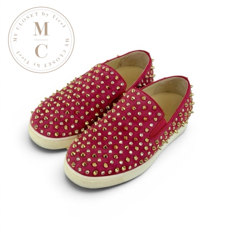 クリスチャンルブタン Christian Louboutin ローラーボート スニーカー 靴 シューズ スエード ピンク系 ゴールド スリッポン スパイク スタッズ ビジュー