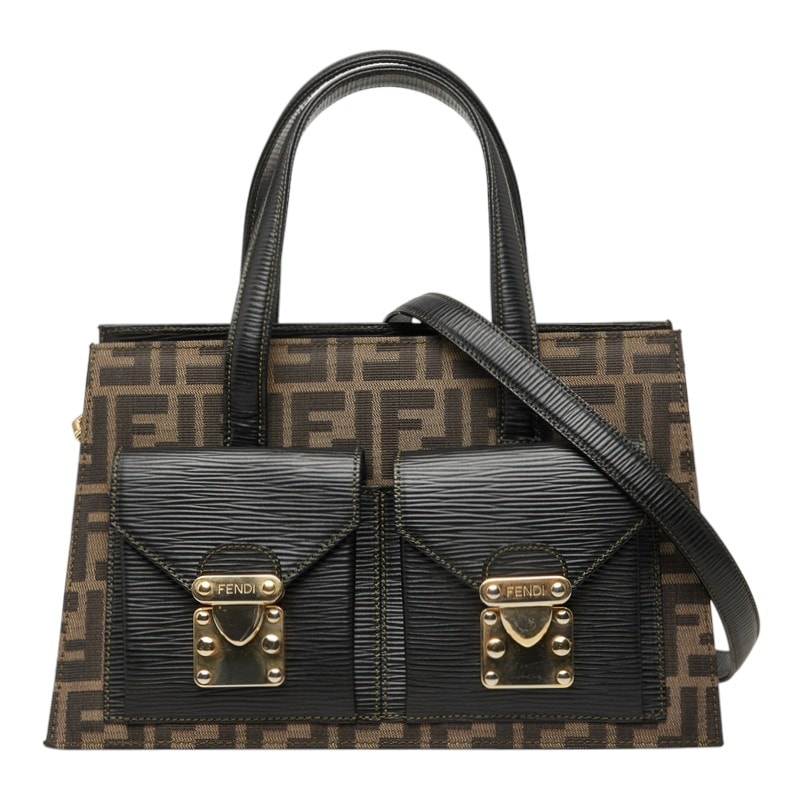 フェンディ ズッカ ハンドバッグ ショルダーバッグ 2WAY ベージュ ブラック キャンバス レザー レディース FENDI 中古