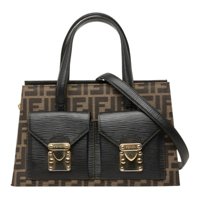 フェンディ ズッカ ハンドバッグ ショルダーバッグ 2WAY ベージュ ブラック キャンバス レザー レディース FENDI 中古