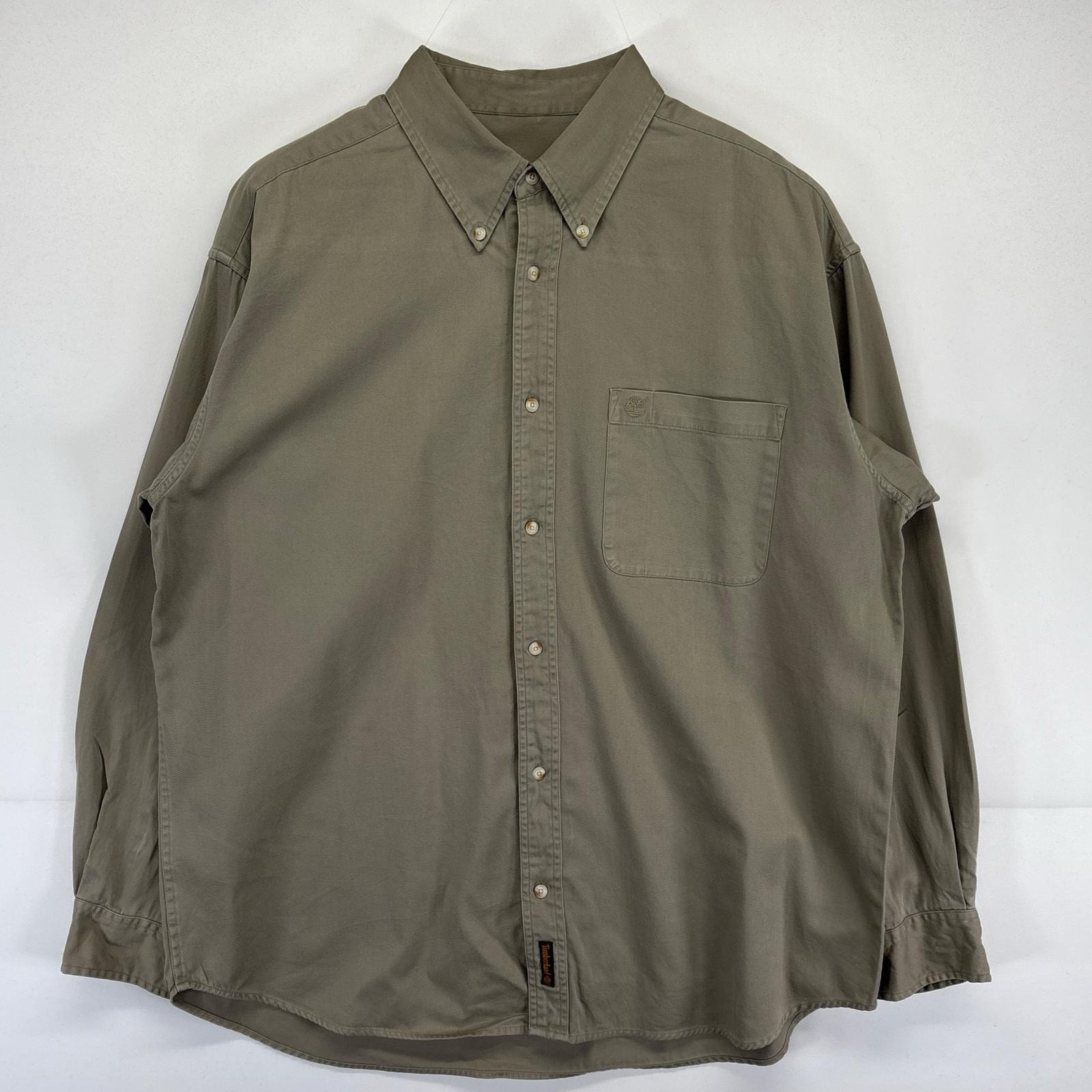 古着 ティンバーランド Timberland 長袖シャツ 大きいサイズ ワンポイントロゴ刺繍 ボタンダウン 無地 ワーク XL  ベージュ メンズ