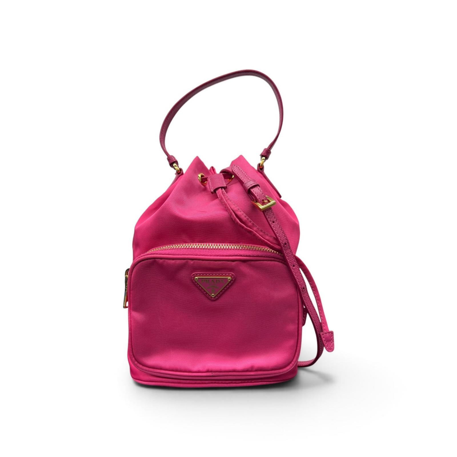 PRADA 美品 プラダ デュエット バケットバッグ 2way ハンドバッグ ショルダーバッグ 1BH038 ナイロン レザー ピンク トライアングルロゴ 三角プレート ロゴプレート クロスボディ 巾着 リナイロン Aランク 鑑定済 中古