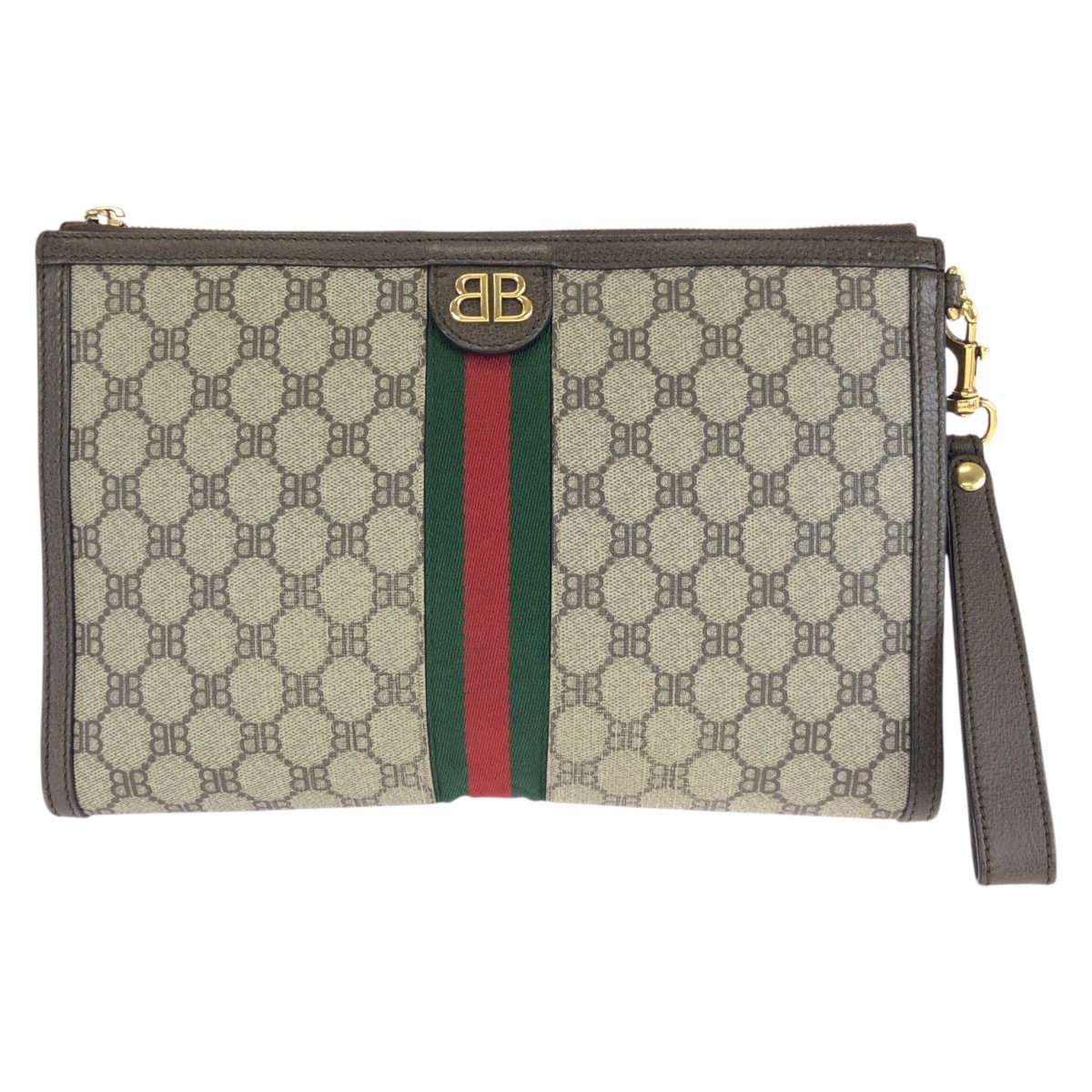 美品 BALENCIAGA バレンシアガ ザ ハッカープロジェクト シェリーライン BALENCIAGA GUCCI ベージュ ブラウン ゴールド金具 PVC クラッチバッグ セカンドバッグ 602687 【中古】